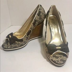 GUESS High Heel Wedge Peep Toe Brown Logo Shoes 10